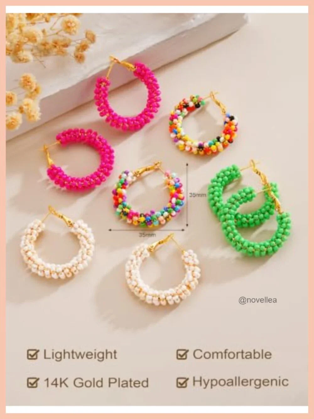 5 Pairs Colorful Beaded Hoop & Stud Earrings, Hypoallergenic, 14K Gold Plated,